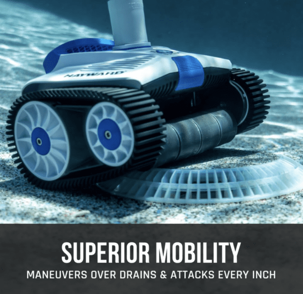 Superior mobility makes Hayward W3HSCTRACCU TracVac Suction Pool Cleaner for In-ground Pools up to 40 ft in Length – Automatic Pool Vacuum – Climbs Walls - Overcomes Pool Floor Obstacles,Blue over-draining and attacks every time.